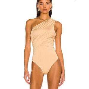 Superdown bailee one shoulder bodysuit beige tan knit top Revolve XS